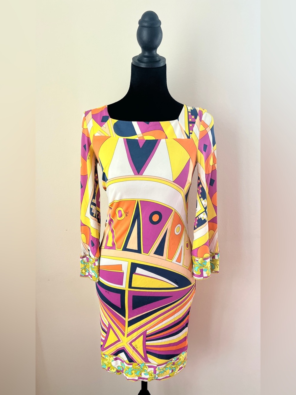 Emilio Pucci Multicolor Geometric Mini Dress with 3/4 Bell sleeves SIZE US 4